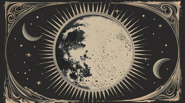 A beautiful vintage engraving of the moon. The moon is full and surrounded by stars. The image is bordered by a decorative frame.
