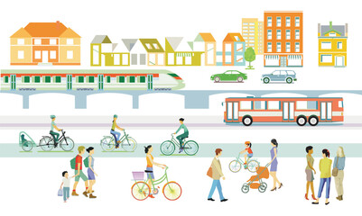 Stadtbus und schienenverkehr, mit Fußgänger im Ort, Illustration