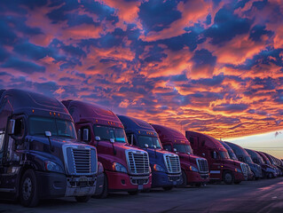 Row of semi trucks parked under evening sky 
