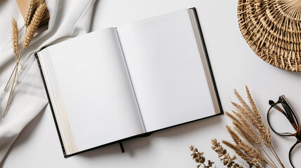 Mock-up of blank pages of an open notebook with copy-space for text on a white background with dry rice branches, glasses and decorations. - obrazy, fototapety, plakaty