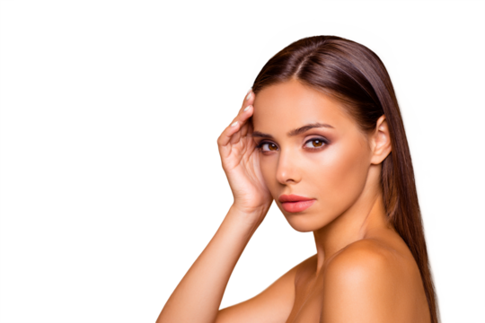 Close up portrait of cute well-groomed charming adorable good-looking lady touch her face stand half turn naked shoulders on camera she isolated on pastel beige background with copy space for text