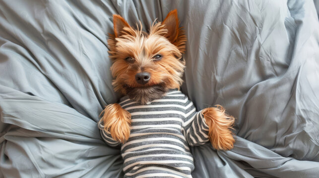 Top down view of a happy Yorkshire terrier wearing a striped pajama and lying in a bed