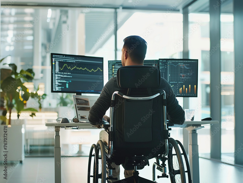 Poster software developer in a wheelchair working at a multi-monitor computer setup in a bright, modern off