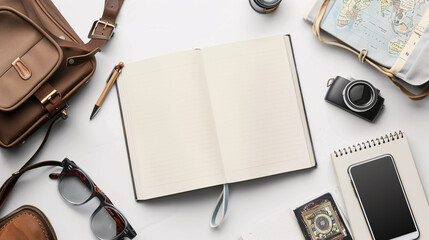 Mock-up of blank pages of an open notebook with copy-space for text on a white background with camera, sunglasses, map and traveler stuff ornaments decoration.