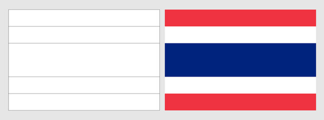 Thailand flag - coloring page. Set of white wireframe thin black outline flag and original colored flag.