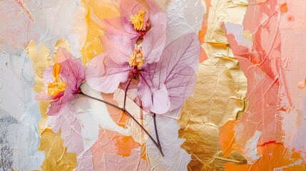 This abstract oil painting technique uses flowers and leaves to create luminous golden texture. Prints, wall papers, posters, cards, murals, carpets, decorations, wall paintings, posters...