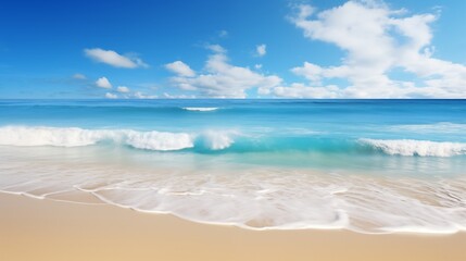 A sun-kissed beach with golden sand, azure waves gently lapping the shore under a clear blue sky