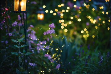 Fireflies Dancing Among Garden Flowers at Twilight - obrazy, fototapety, plakaty