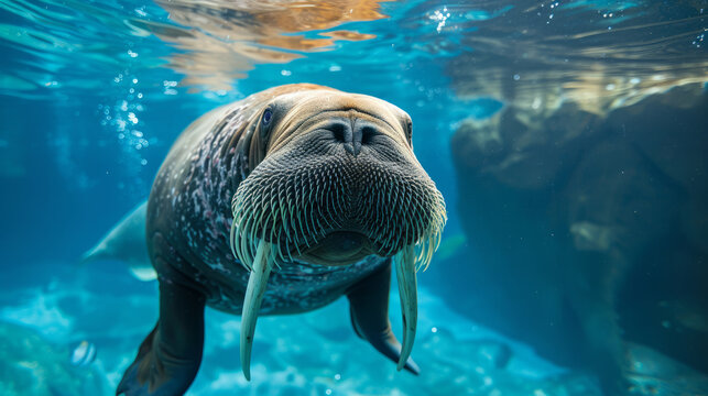 Close up view of a diving walrus in blue water
