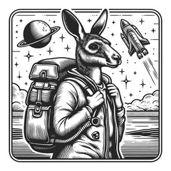 kangaroo astronaut with a backpack and helmet, hopping through space with stars and planets sketch engraving generative ai vector illustration. Scratch board imitation. Black and white image. - obrazy, fototapety, plakaty