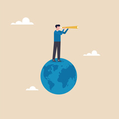 Business opportunity concept, smart businessman standing on globe, planet earth using telescope. Globalization, global business vision, world economy.
