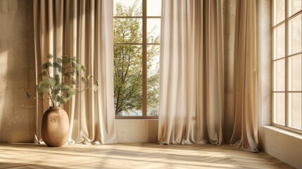 Beige curtains fluttering in the wind against the background of a room window.