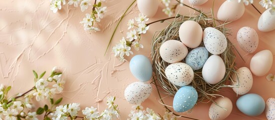 Fototapeta na wymiar Easter-themed decorations with candies and flowers on a beige background, symbolizing the joy of Easter. The display includes white and blue eggs in a nest with treats.