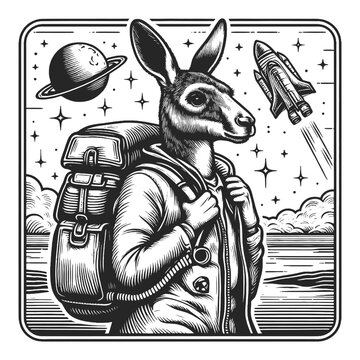 kangaroo astronaut with a backpack and helmet, hopping through space with stars and planets sketch engraving generative ai vector illustration. Scratch board imitation. Black and white image.
