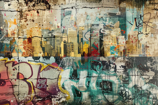Urban vintage wall art with grunge texture and colorful graffiti