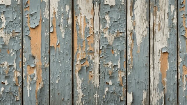 Old wooden fence with peeling blue paint. The fence is made of vertical planks that are painted blue.