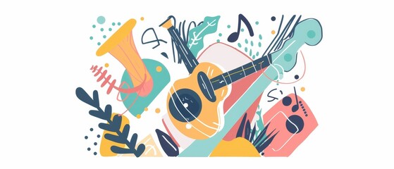 Vintage guitar, banjo, drum, tambourine, and record player outline set. Vintage music device outlines. Illustrated in modern handwriting.