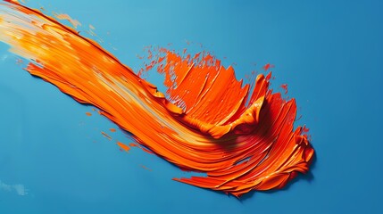 3D rendering of thick orange oil paint brush stroke isolated on blue background.