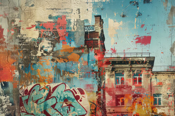 Urban vintage wall art with grunge texture and colorful graffiti