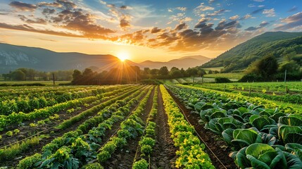 A lush, green farm field with rows of vegetables growing in the foreground and a beautiful sunset over the mountains in the background. - obrazy, fototapety, plakaty
