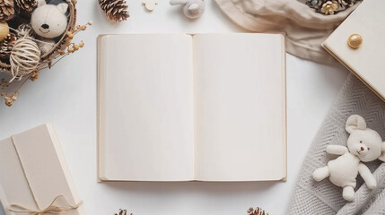 Mock-up of blank pages of an open notebook with copy-space for text on a white background with toys and dolls ornament decorations.