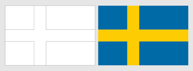 Obraz premium Sweden flag - coloring page. Set of white wireframe thin black outline flag and original colored flag.