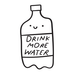 Drink more water. Cute plastic bottle. Vector outline design. Illustration on white background.
