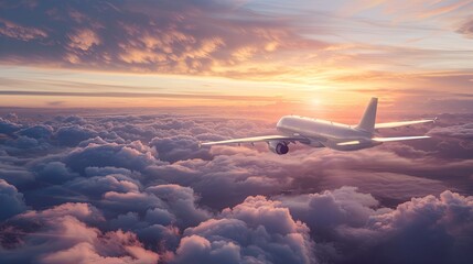 Airplane in the sky at sunrise or sunset. Passengers commercial airplane flying above clouds in...