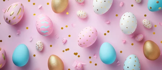 Fotobehang The lightbox features a trendy text frame saying "Happy Easter," surrounded by pink, blue, white, gold, and yellow eggs scattered around. A top-down view of colorful Easter eggs with space for text. © Vusal