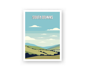 South Downs Illustration Art. Travel Poster Wall Art. Minimalist Vector art