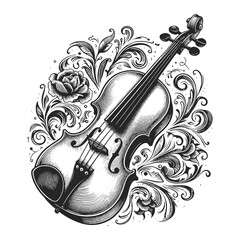 ornately decorated violin, showcasing intricate scrollwork on the body and scroll in an sketch engraving generative ai vector illustration. Scratch board imitation. Black and white image. - obrazy, fototapety, plakaty