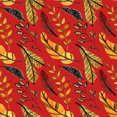 Watercolor seamless floral pattern with orange and black leaves on red background. Christmas tree branch pattern. Perfect for greeting cards, invitation, wrapping paper, textile