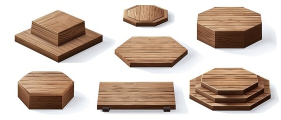 Wooden platforms isolated on white background. Modern realistic illustration of squares and pentagons for beauty product presentation, award design, demonstration stand, and furniture material.