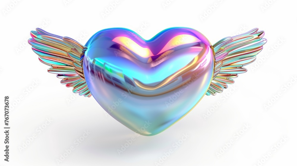 Poster the heart icon is rendered in 3d holograph style with angel wings on a white background. it has a ra