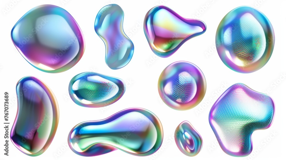 Poster an abstract holographic metal blob with rainbow gradient effect on a white background. 3d modern gra