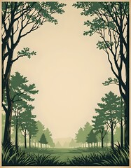 forest trees poster border on worn paper
