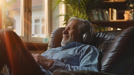 Senior Man Relaxing at Home, Enjoying Music on Headphones. Cozy and Comfortable Lifestyle. Indoor Leisure Time Captured in Warm Light. AI