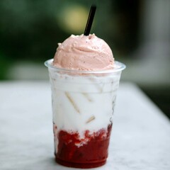 Savor a delicious shake of ice cream with a big scooped of rich strawberry cream on top for a sweet treat that will definitely tickle your taste buds. - obrazy, fototapety, plakaty