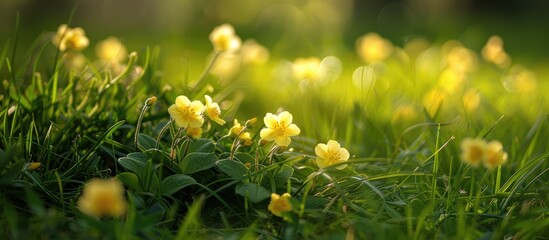 primroses hidden in the grass during Easter - obrazy, fototapety, plakaty