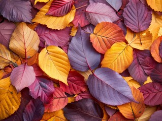 Fototapeta na wymiar Dynamic background featuring an array of colorful leaves in diverse shapes, radiating vibrancy and life 