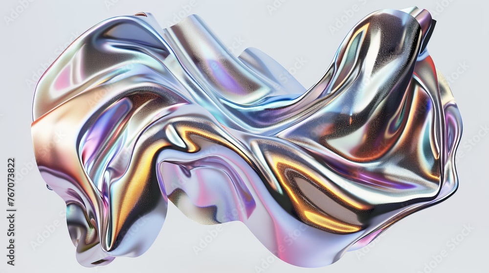 Poster illustration of a metallic chrome iridescent abstract shape with holographic liquid. abstract backgr