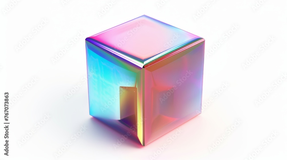 Poster the geometry of the 3d holographic cube with iridescent chrome effect is isolated on a white backgro