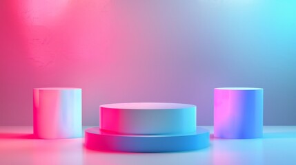 Abstract scene hologram shape with 3D hologram podium on holographic background. Fluid holo cylinder and square platform for product presentation.
