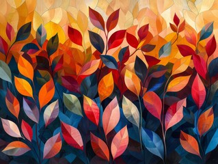 Vibrant background adorned with colorful leaves in various shapes, creating a lively mosaic  