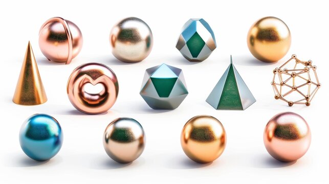 3D render realistic primitives on white background. Isolated geometric elements including spheres, torus, tubes, cones, pipes in rose, blue, green and gold metallic colors.