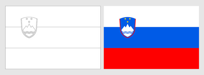 Slovenia flag - coloring page. Set of white wireframe thin black outline flag and original colored flag.