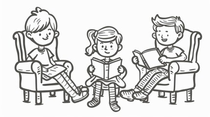 Hand drawn style modern doodle design illustration of cute children reading books together in chairs.