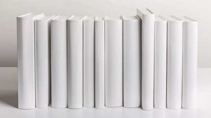 Mock-up of many book spines in various thickness and height with blank white cover on a plain gray background. New modern minimal books in edge view.