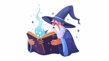 Old mage reading magic fantasy book. Fantasy flat modern illustration with illustration of mystic man, fairytale wizard, wise warlock, bearded sorcerer.