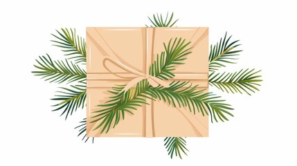 Holiday gift box with green fir branch wrapped in eco-friendly wrapping. Xmas present, and New Year gift. Flat modern illustration isolated on white.